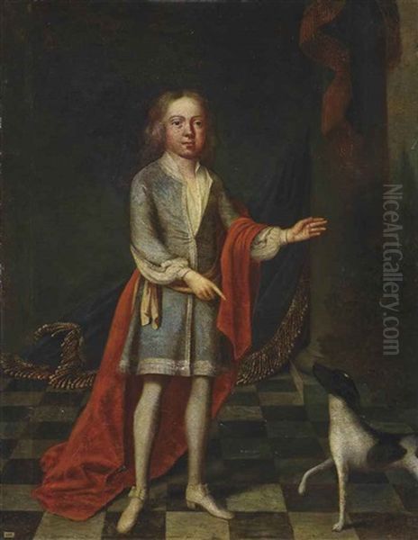Portrait Of A Young Boy, Full-length, In A Blue Coat And Red Wrap, With A Spaniel, In An Interior Oil Painting by Robert Byng or Bing