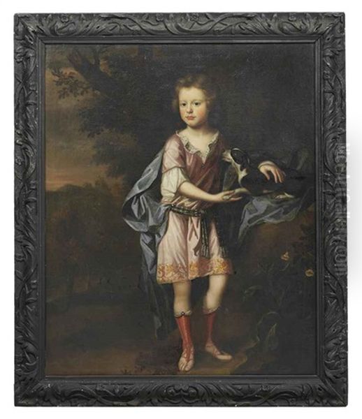 Portrait Of A Young Boy, In Classical Costume, A Spaniel At His Side, In A Landscape Oil Painting by Robert Byng or Bing