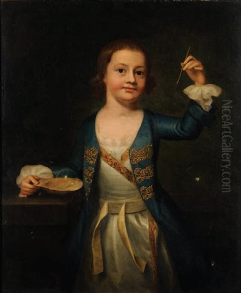 Boy In Blue Blowing Bubbles Oil Painting by Robert Byng or Bing