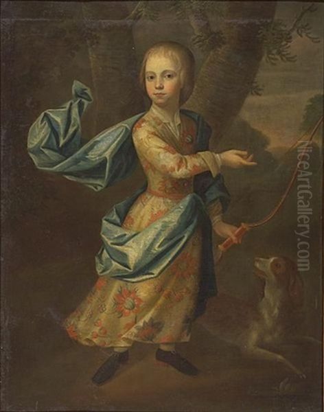 A Portrait Of A Boy, Full-length, Wearing An Embroidered Coat Holding A Bow With His Dog By His Side Oil Painting by Robert Byng or Bing