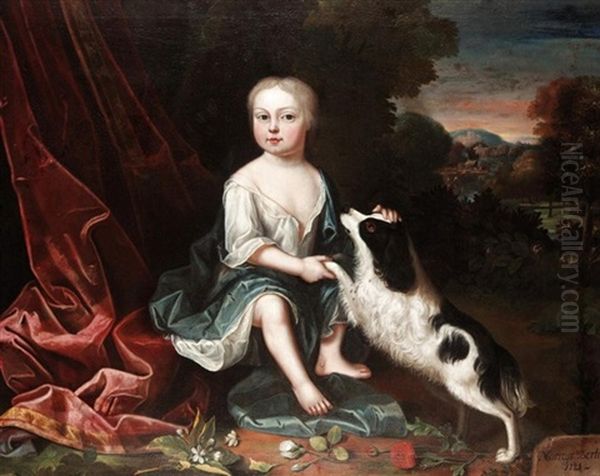 A Young Boy With His Spaniel (a Member Of The Norreys Bertie Family?) Oil Painting by Robert Byng or Bing