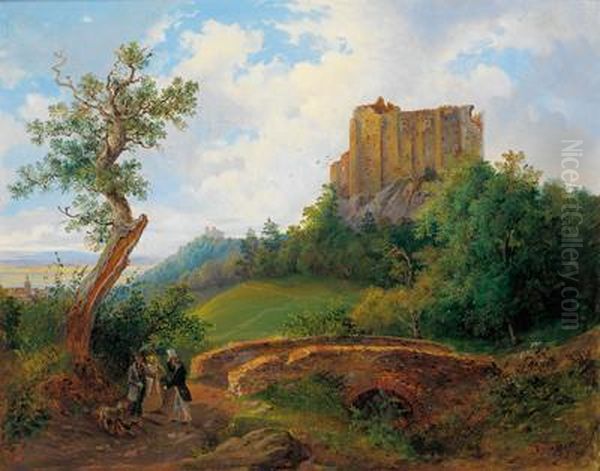 Begegnung Bei Der Burgruine Liechtenstein Oil Painting by Joseph Altenkopf