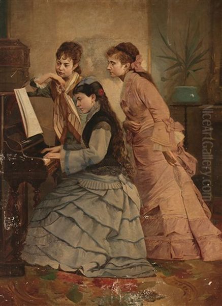 Caba_antoni Jovenes Tocando Al Piano Oil Painting by Antonio Caba y Casamitjana