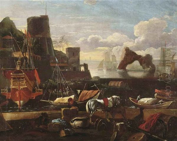 An Italian Harbor Scene With Figures And Goods On A Quay In The Foreground Oil Painting by Adriaen Van Der Cabel