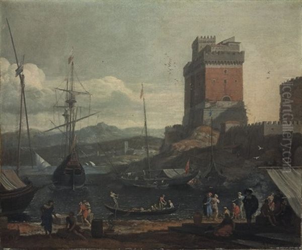 View Of A Fortified Mediterranean Harbour Oil Painting by Adriaen Van Der Cabel