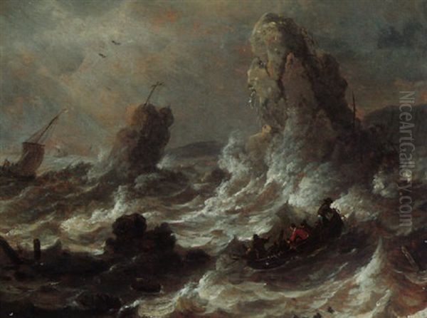 Shipping Vessels On Stormy Seas Oil Painting by Adriaen Van Der Cabel