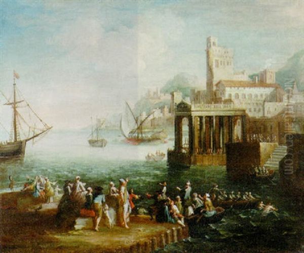 A Capriccio Of A Mediterranean Port With Figures In A Quay, Shipping Beyond Oil Painting by Adriaen Van Der Cabel