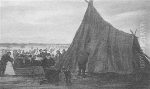 Ice Fishing Oil Painting by Adriaen Van Der Cabel