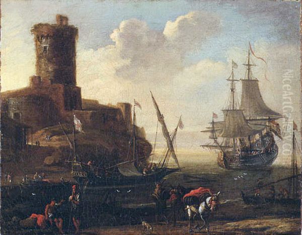 A Mediterranean Port Oil Painting by Adriaen Van Der Cabel