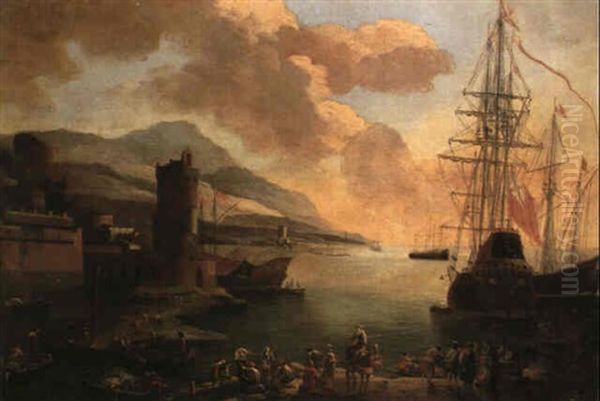 Mediterranean Port Scene Oil Painting by Adriaen Van Der Cabel