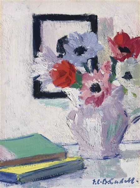 Still Life - Anemones In Vase With Green Book Oil Painting by Francis Campbell Boileau Cadell