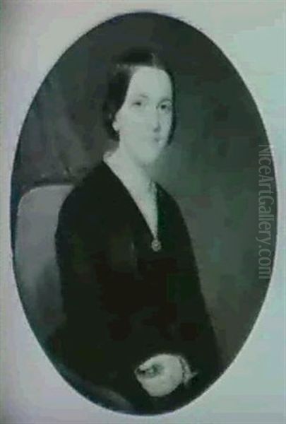 A Seated Lady In Black Holding A Miniature Oil Painting by James H. Cafferty