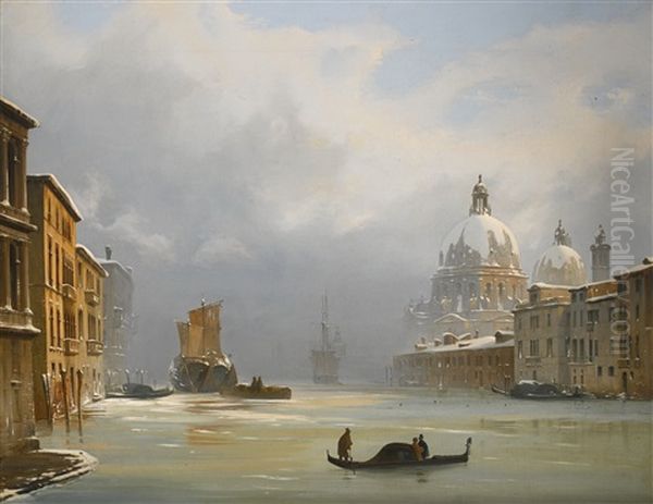 Venice, A View Of The City Under Snow With The Church Of The Salute Oil Painting by Ippolito Caffi