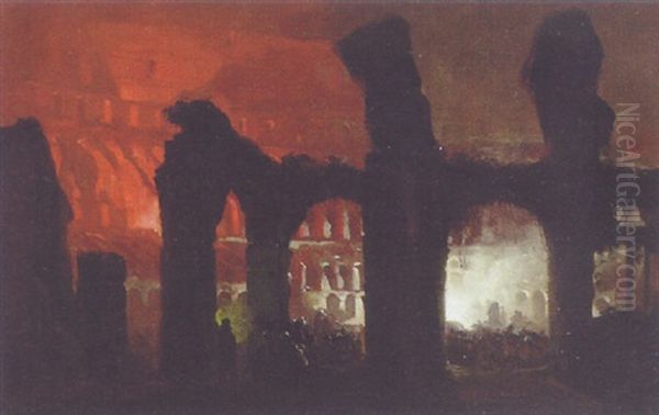 Fire At The Forum Oil Painting by Ippolito Caffi
