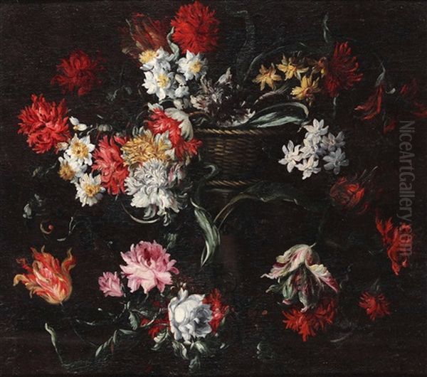 Cesta Di Fiori Su Piedistallo Oil Painting by Margherita Caffi