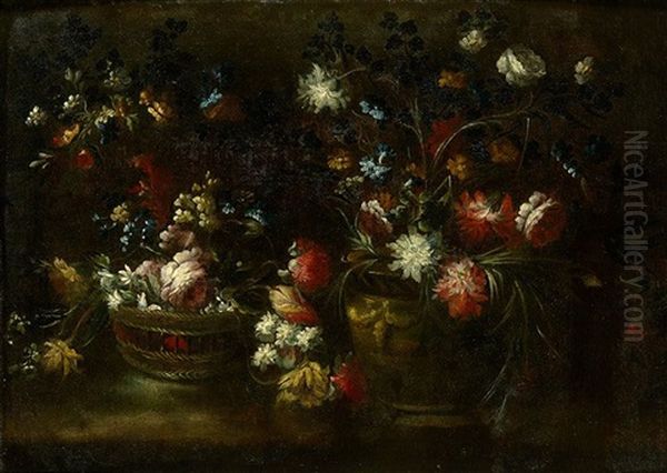 Cesto Y Jarron De Flores En Un Paisaje Oil Painting by Margherita Caffi