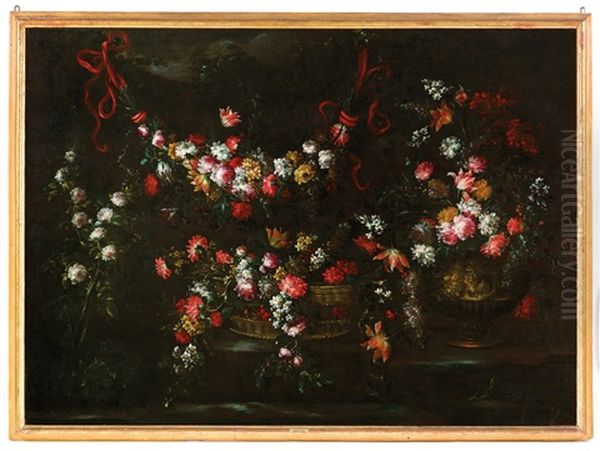 Pair Of Still Lifes With Flowers Oil Painting by Margherita Caffi