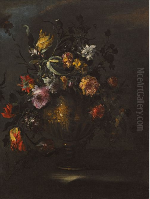 A Still Life Of Roses, Tulips And Other Flowers In A Bronze Vase On A Stone Ledge Oil Painting by Margherita Caffi