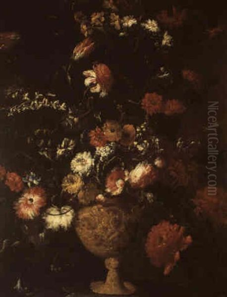 Bouquet De Fleurs Sur Un Vase Sur Un Entablement Oil Painting by Margherita Caffi