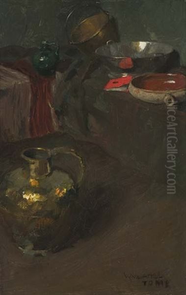 Still Life With Pots And Pans Oil Painting by William V. Cahill