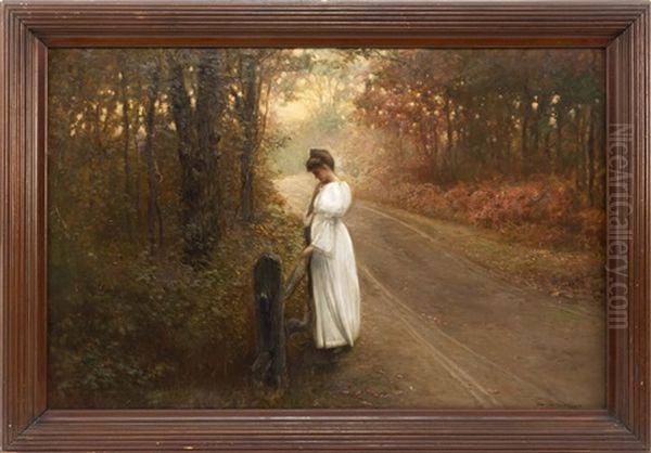 Contemplative Young Woman On An Autumn Road Oil Painting by Charles Drew Cahoon