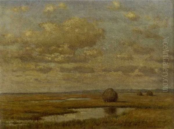 Marsh Scene With Hay Stacks Oil Painting by Charles Drew Cahoon
