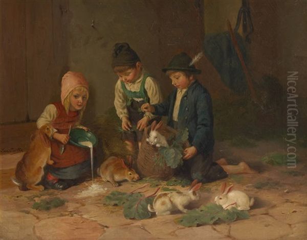 Les Enfants Et Les Lapins Oil Painting by Leon Emile Caille