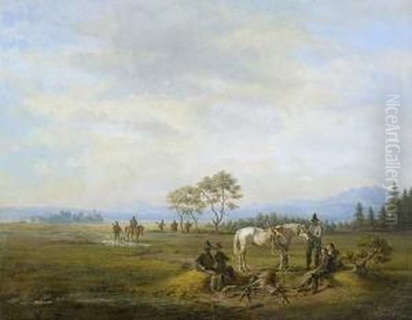 Rastende Jagdgesellschaft Am Chiemsee. Oil Painting by Karl Altmann