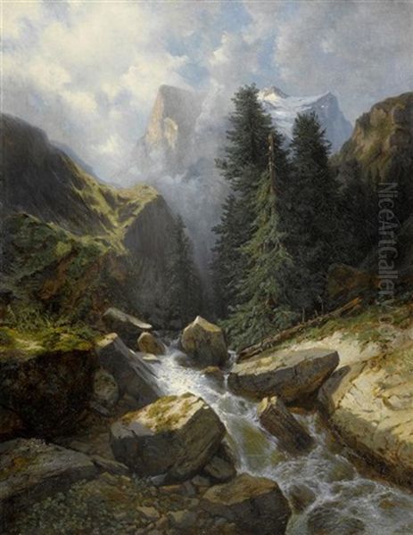 Sicht Auf Das Well- Und Wetterhorn Von Der Rosenlaui Aus Oil Painting by Alexandre Calame