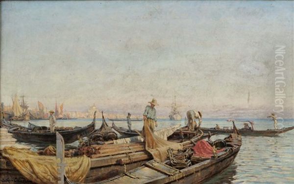 Bateaux A Quai, Venise Oil Painting by Arthur Calame