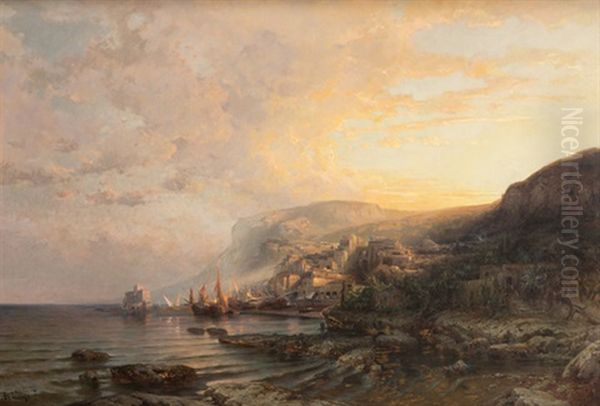 Belebte Kustenlandschaft Zwischen Genua Und La Spezia Oil Painting by Arthur Calame