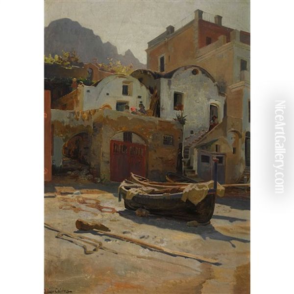 Village De Pecheur A La Riviera Oil Painting by Arthur Calame