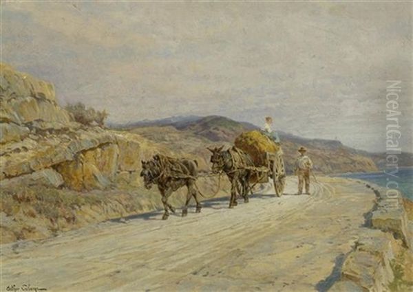 Heuwagen In Einer Mediterranen Landschaft Oil Painting by Arthur Calame