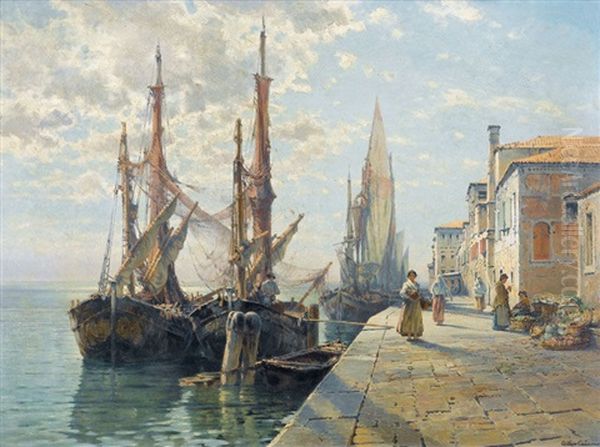 Un Quai A Chioggia (venise) Oil Painting by Arthur Calame
