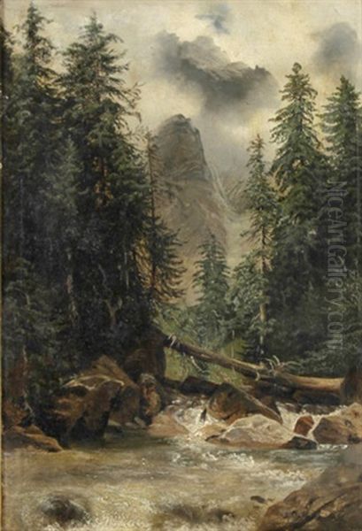 Rauschender Gebirgsbach Mit Umgesturztem Baum Oil Painting by Arthur Calame