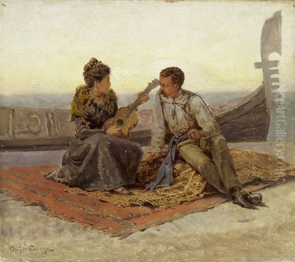 Junges Paar Musizierend Vor Einer Gondel In Venedig Oil Painting by Arthur Calame