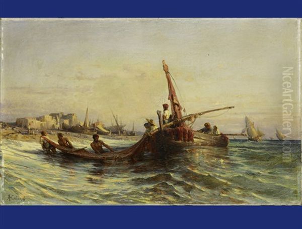 Untitled (coast Line With Sailboats And Fishermen) Oil Painting by Arthur Calame