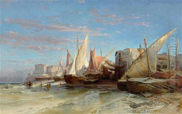 Segelschiffe Auf Einem Kustenstreifen Oil Painting by Arthur Calame