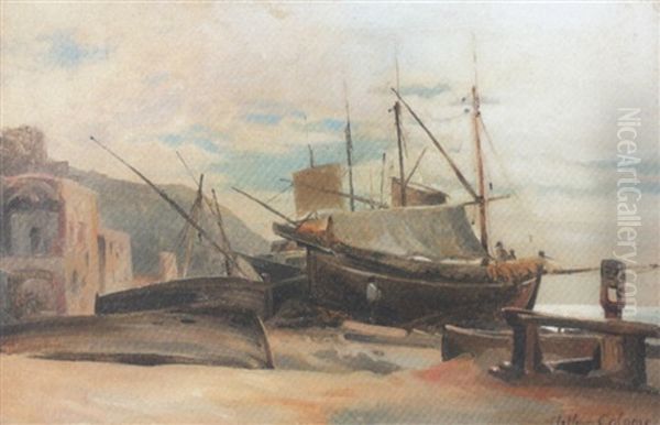 Strandpartie Mit Fischerbooten Und Kleiner Hafenstadt Oil Painting by Arthur Calame