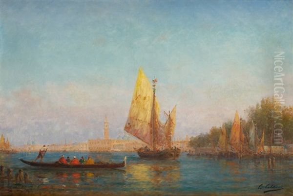 Gondole Sur Fond De Venise Oil Painting by Charles Clement Calderon