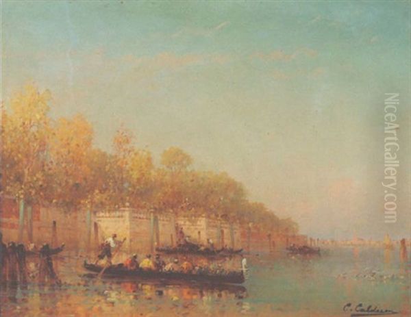 Gondeln Vor Der Isola Di San Michele Oil Painting by Charles Clement Calderon