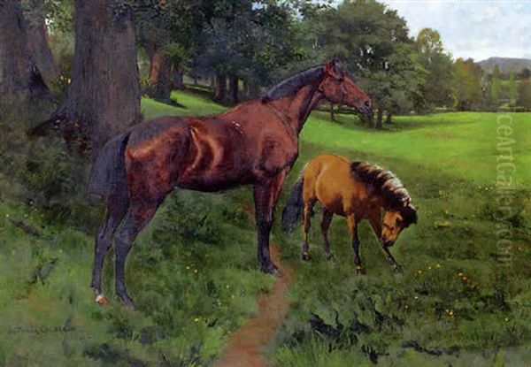 Mare And Foal In A Landscape Oil Painting by William Frank Calderon