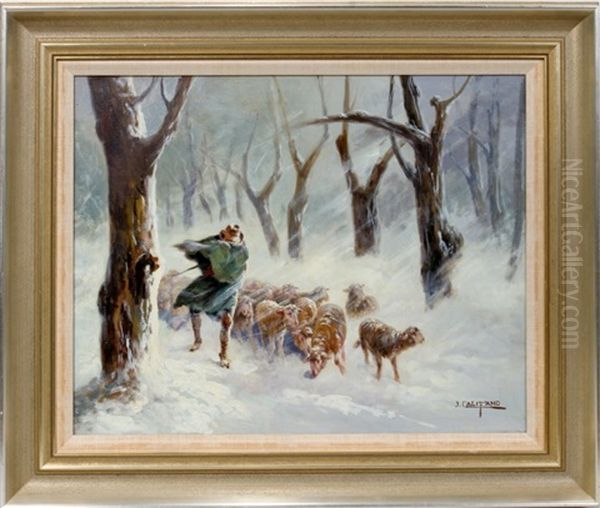 Sheep Herder In Winter Oil Painting by John (Giovanni) Califano