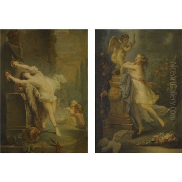 A Young Lady Before A Statue Of Cupid (+ A Bacchante Playing The Cymbols Before A Statue Of Pan; Pair) Oil Painting by Alphonse-Apollodore Callet