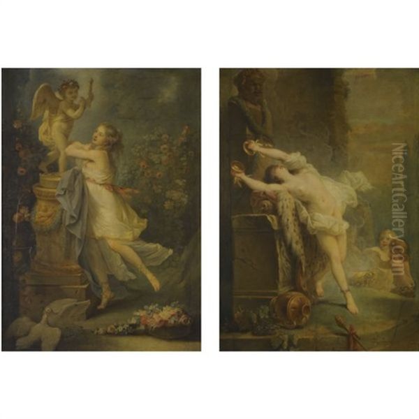 A Young Lady Before A Statue Of Cupid (+ A Bacchante Playing The Cymbals Before A Statue Of Pan; Pair) Oil Painting by Alphonse-Apollodore Callet