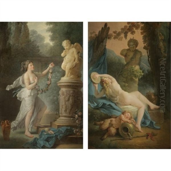 A Bacchante Playing The Tambourine Before A Statue Of Pan, A Drunk Young Satyr Asleep In The Foreground (+ A Young Lady Offering A Garland Of Flowers To A Statue Of Cupid; Pair) Oil Painting by Alphonse-Apollodore Callet