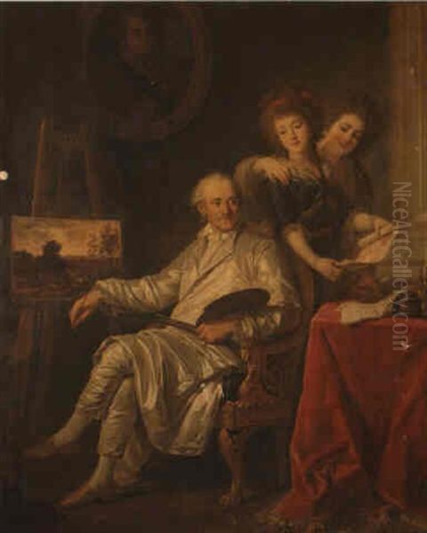 Portrait Of The Comte De Cromot, With His Two Daughters-in-law Oil Painting by Alphonse-Apollodore Callet