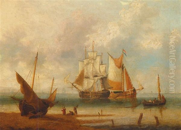 Marine Avec Trois Personnages Sur La Rive Oil Painting by William Callow