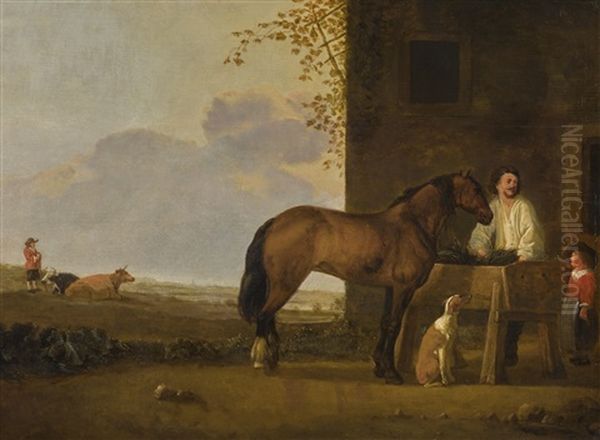 A Horseman Tending His Horse, A Cowherd With His Cattle Beyond Oil Painting by Abraham Van Calraet
