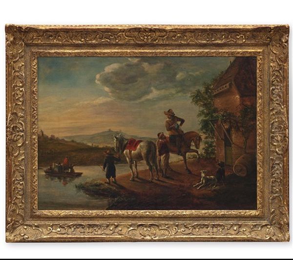 Hugelige Flusslandschaft Mit Boot - Im Vordergrund Manner Mit Pferden Und Hunden Vor Einer Taverne Oil Painting by Abraham Van Calraet